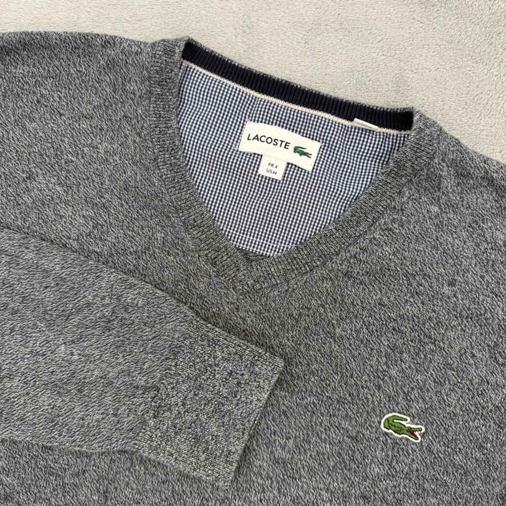 Lacoste Sweater Mens Medium Grey Heather V-Neck 100% Cotton Pullover Minimalist